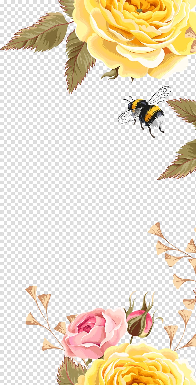 yellow and black bee , Bee Bird Flower Pattern, Yellow beautiful flower bees transparent background PNG clipart