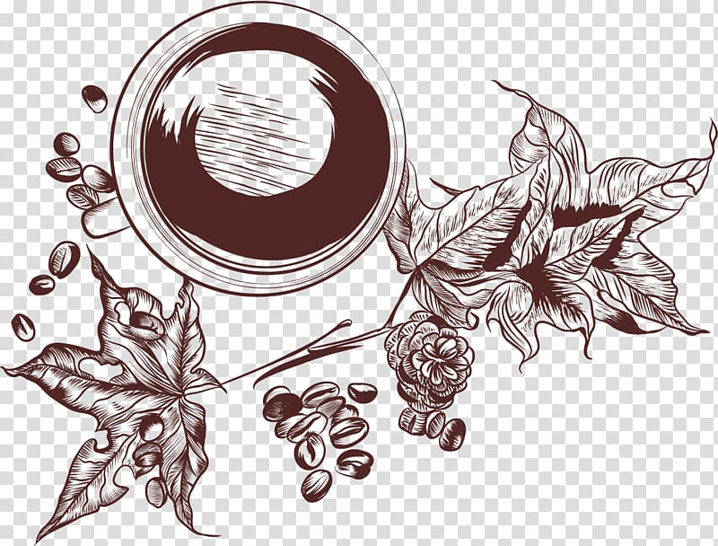 brown floral artwork, Coffee Tea Latte Cafe, Retro coffee theme transparent background PNG clipart