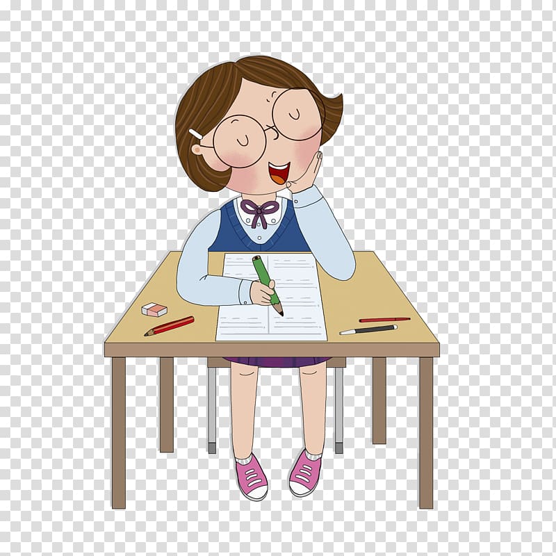 Paper Test Illustration, The girl who is answering the examination transparent background PNG clipart