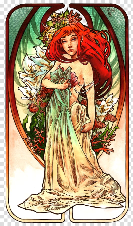 Ariel The Little Mermaid Art Nouveau Drawing, painting transparent background PNG clipart