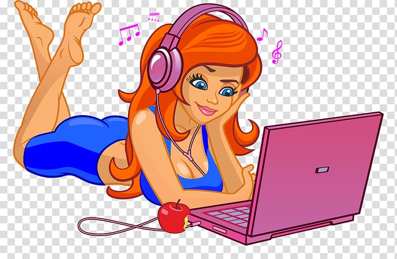 Computer, Girl playing computer transparent background PNG clipart