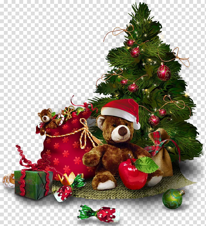 Christmas tree , Christmas Tree with Teddy Bear , green Christmas tree illustration transparent background PNG clipart