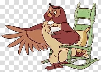 brown owl holding white cup illustration, Winnie the Pooh Owl In His Rocking Chair transparent background PNG clipart