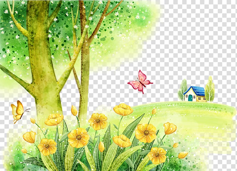 Watercolor painting Fukei Illustration, Flowers butterfly transparent background PNG clipart
