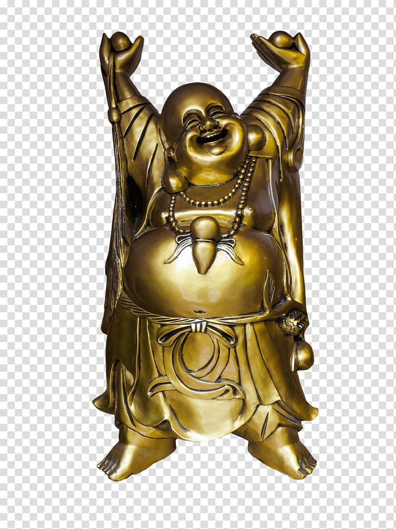 gold-colored Hotei Buddha figurine, Buddha Arms Up transparent background PNG clipart
