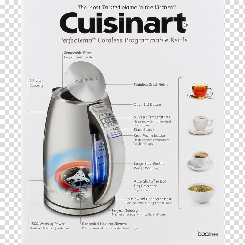 Electric kettle Cordless Cuisinart Stainless steel, kettle transparent background PNG clipart