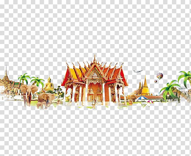 temple with elephants illustration, Thailand Poster, building transparent background PNG clipart
