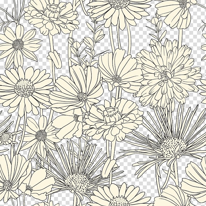 yellow and black flower , Draw Flowers Drawing Pattern, Flowers, black and white line art background, material transparent background PNG clipart