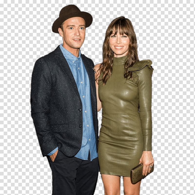 woman in green leather turtleneck long-sleeved dress standing beside man, Jessica Biel and Justin Timberlake transparent background PNG clipart