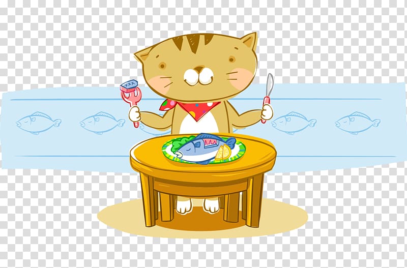 Cat Fish Cartoon Eating, Hand-painted cartoon cat took fish knife and fork transparent background PNG clipart