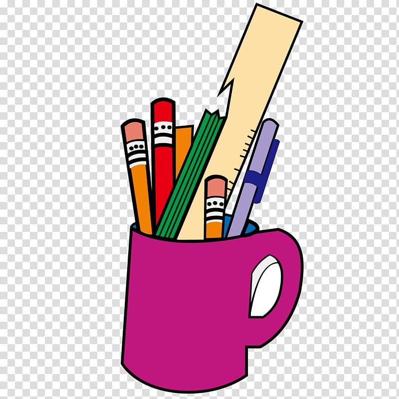 school supplies in pink mug illustration, Pencil case Stationery, Pencil and pencil transparent background PNG clipart