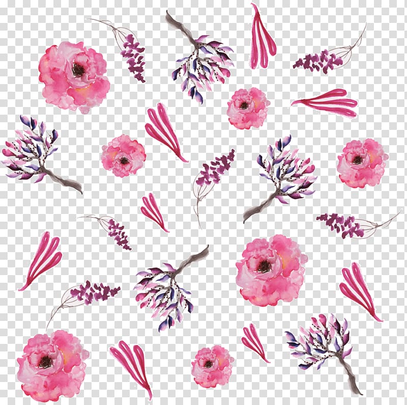pink flowers illustration, Floral design Watercolor painting Pink Pattern, Romantic pink flower pattern transparent background PNG clipart