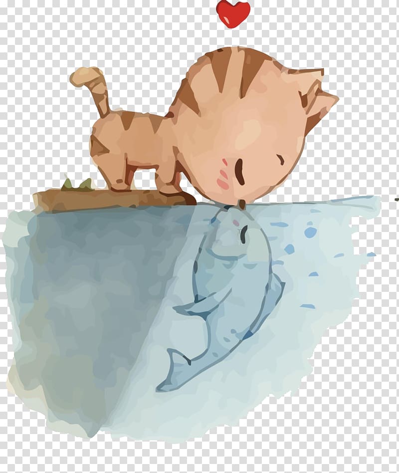painting of brown kitten with blue fish, Cat Kitten Drawing Kissing gourami Fish, Kitten kiss fish transparent background PNG clipart