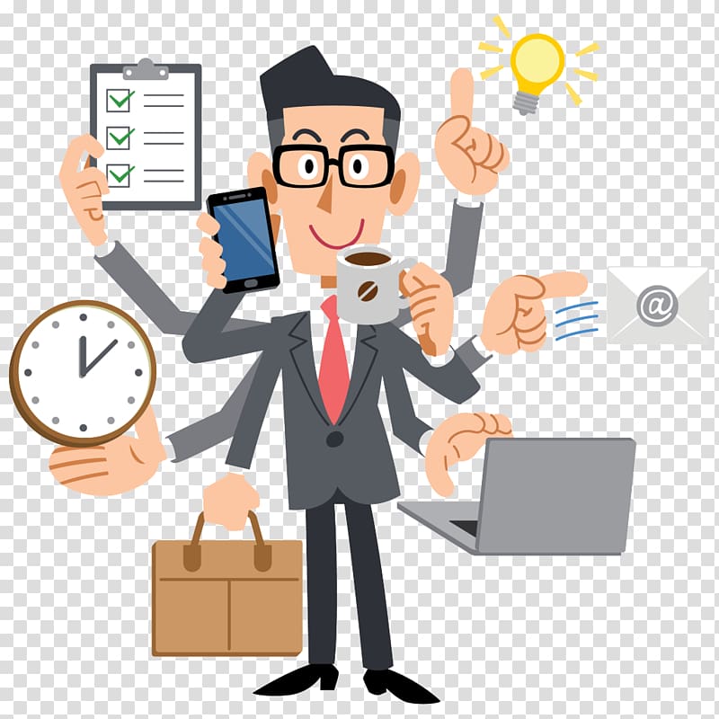 male in suit jacket holding mug and smartphone illustration, Human multitasking Businessperson Management Project manager, thinking man transparent background PNG clipart