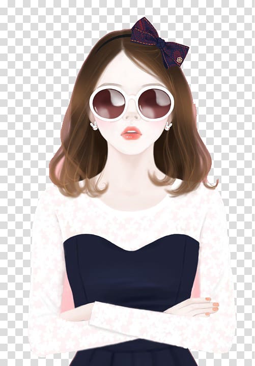 woman in white and black lace long-sleeved top , Avatar Cartoon Girl Cuteness Illustration, Sunglasses girl transparent background PNG clipart