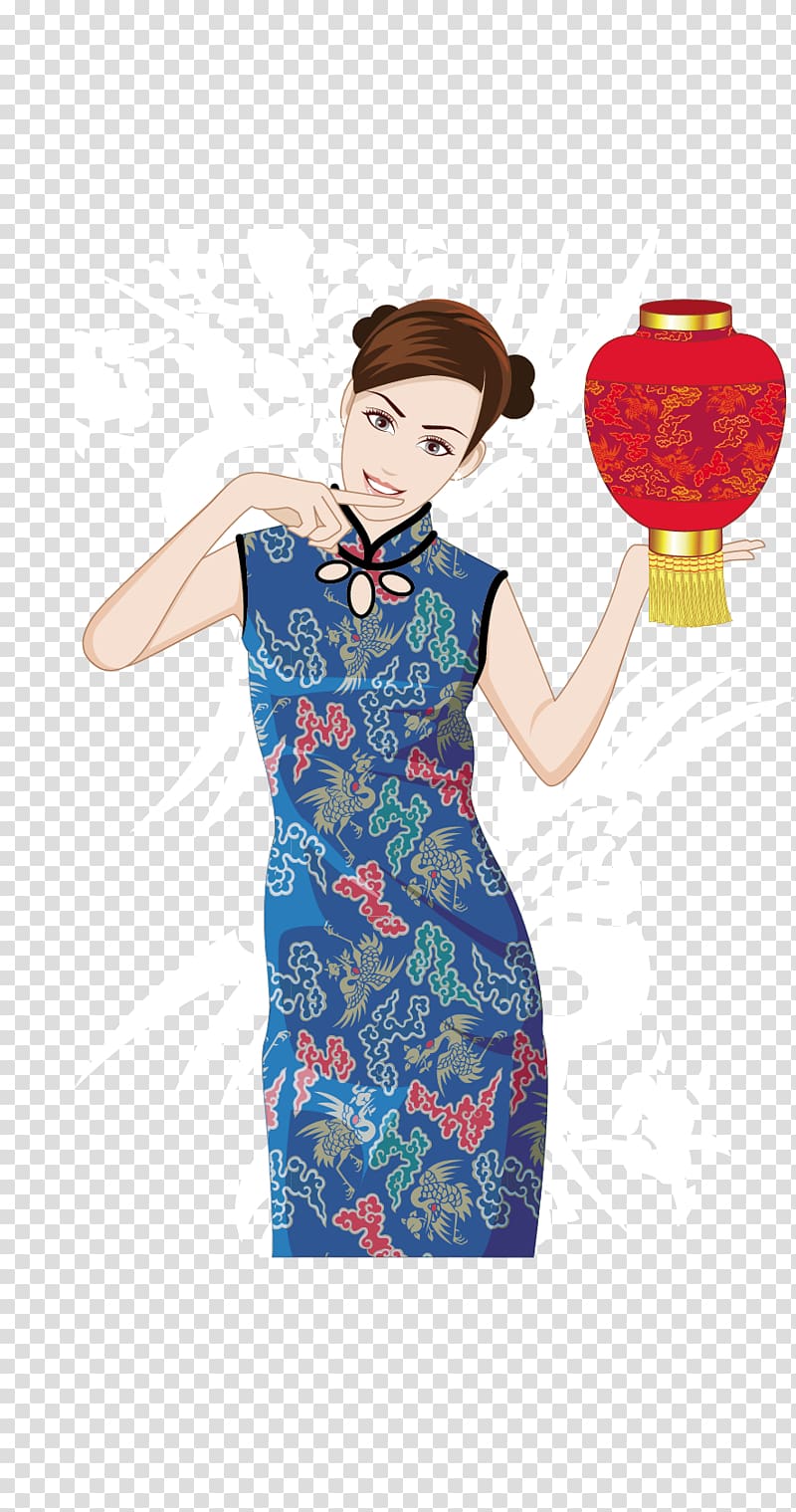 Cheongsam Illustration, Chinese classical blue flower dress beauty material transparent background PNG clipart