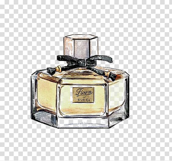 Gucci Flora perfume bottle illustration, Watercolor painting Perfume Drawing Illustration, Drawing perfume transparent background PNG clipart