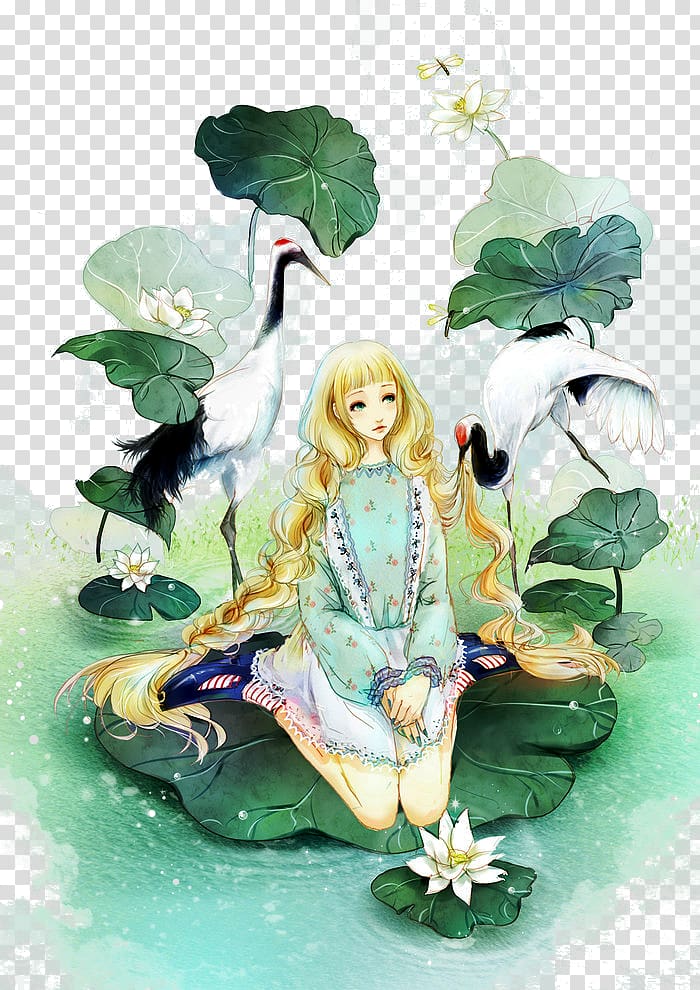woman with yellow haired anime character illustration, Drawing on the lotus leaf girls transparent background PNG clipart