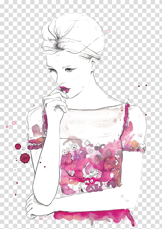 woman in red floral dress , Fashion sketchbook Fashion illustration Drawing Illustration, Elegant woman transparent background PNG clipart