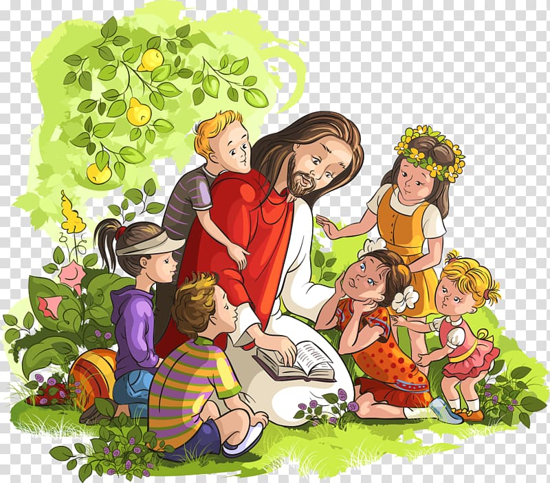 Jesus Christ and toddlers digital painting, Bible Child Illustration, Jesus read the Bible and Children transparent background PNG clipart