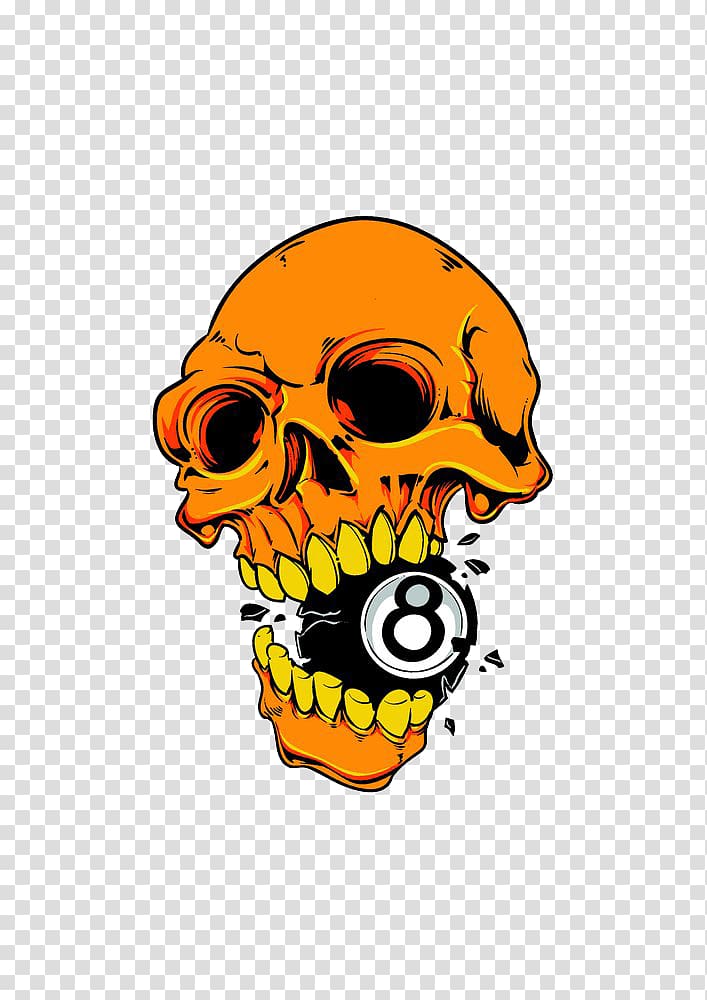 orange skull biting 8 billiard ball illustration, T-shirt Skull , Skull transparent background PNG clipart