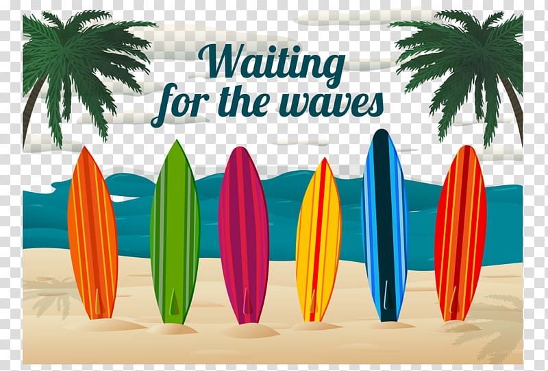 waiting for the waves poster, Surfing Surfboard Beach , Summer beach background transparent background PNG clipart