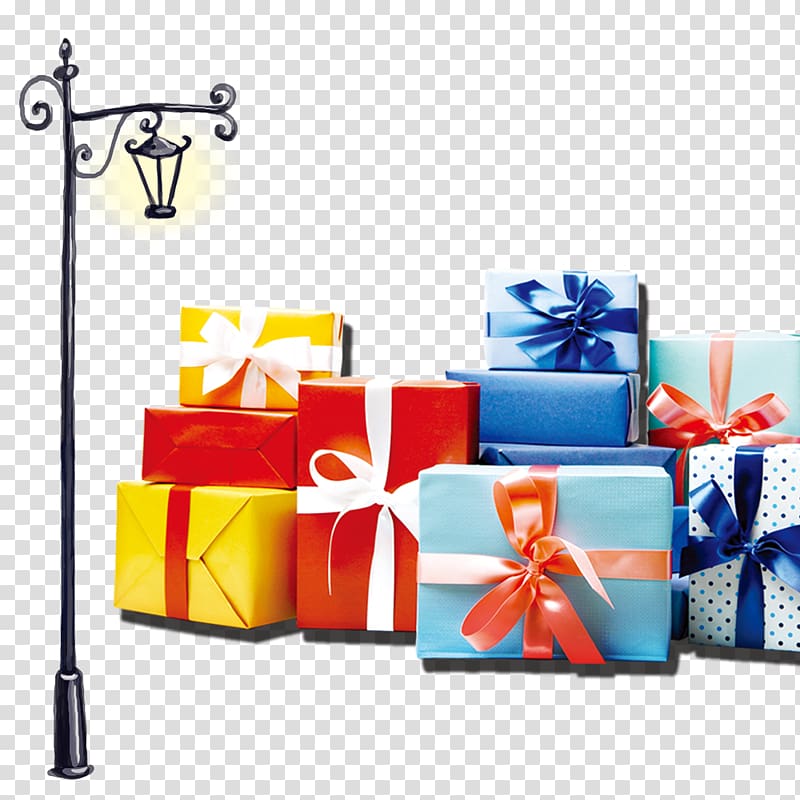 Santa Claus Gift Christmas Ribbon, Lamppost and gift boxes transparent background PNG clipart