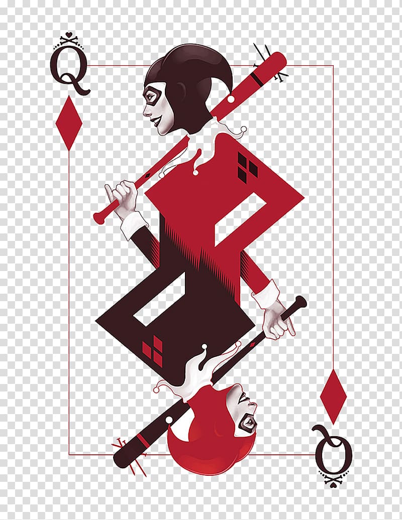 queen of diamonds playing card graphic art, Harley Quinn Joker Batman Batgirl Black Canary, Red clown poker transparent background PNG clipart
