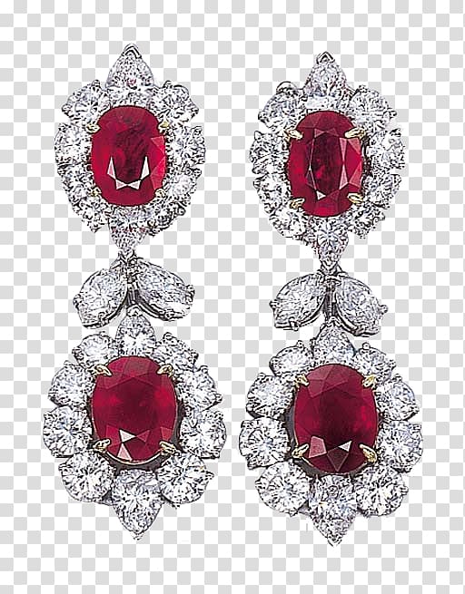 jeweled silver-colored earrings, Earring Jewellery Ruby Diamond Gemstone, Ruby earrings double diamond pieces products in kind transparent background PNG clipart