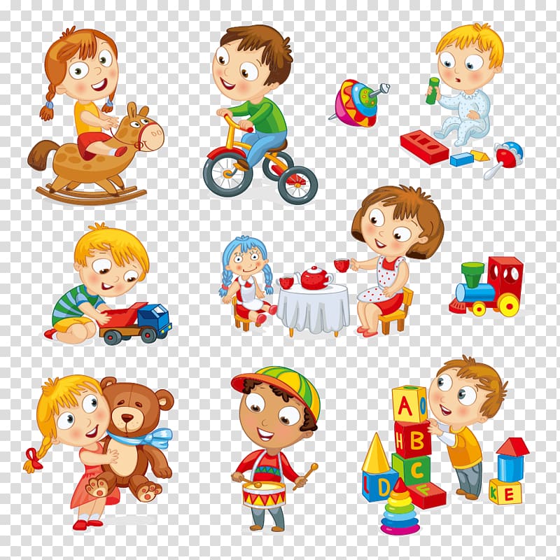 several children illustration, Child Toy Play Cartoon, child playing with toys transparent background PNG clipart