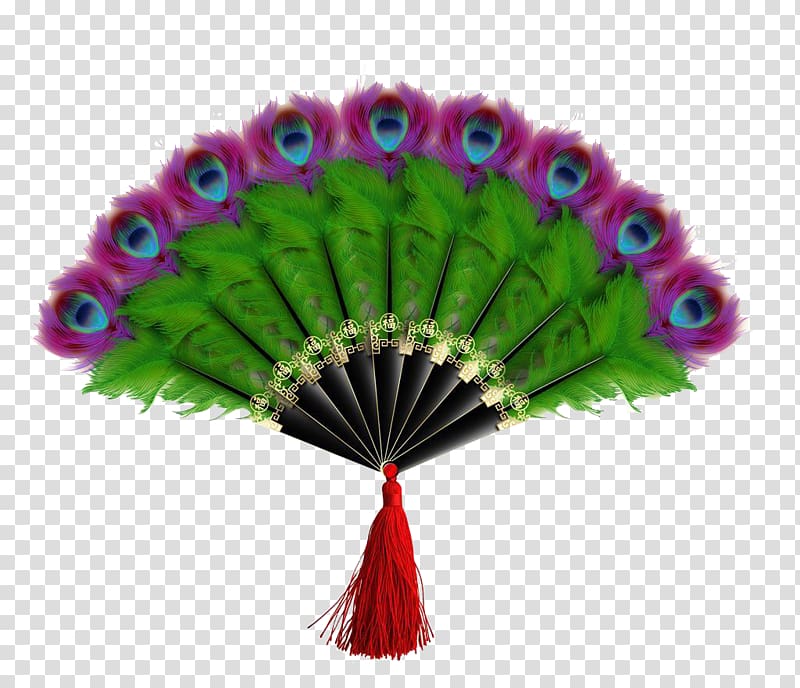 Feather Hand fan Paper Peafowl, Peacock fan dinette transparent background PNG clipart