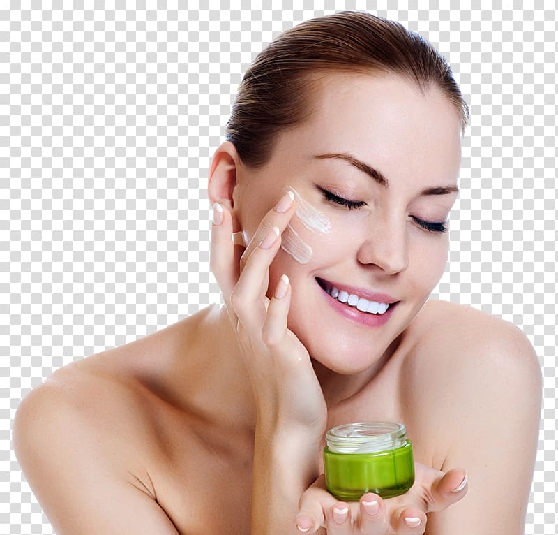 smiling woman holding green glass container, Natural skin care Anti-aging cream Moisturizer, With beauty skin care products transparent background PNG clipart