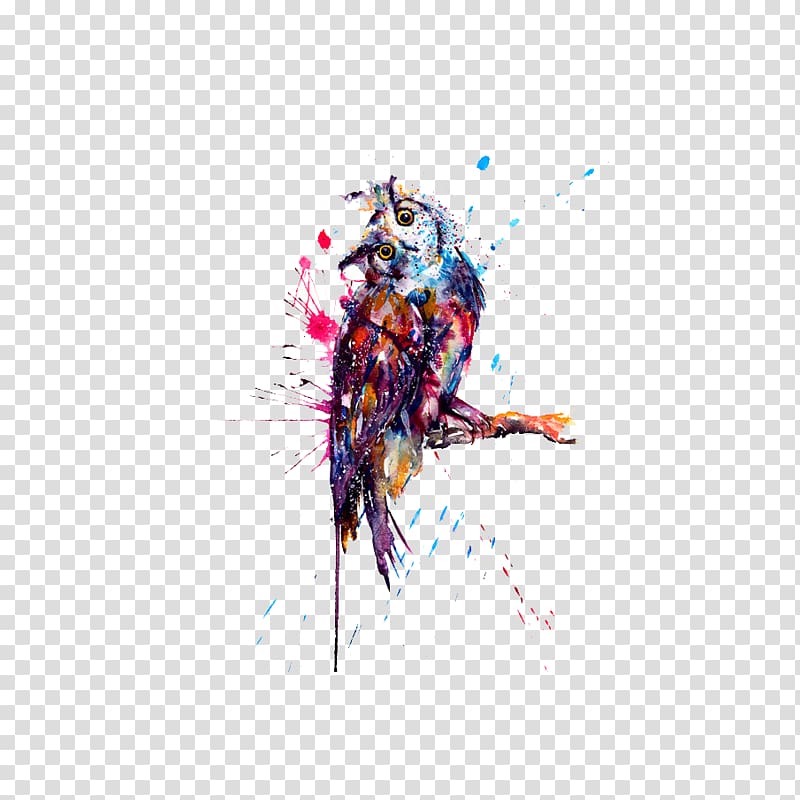 multicolored owl paint splatter, Owl Tattoo Watercolor painting Drawing Sketch, Watercolor Owl transparent background PNG clipart