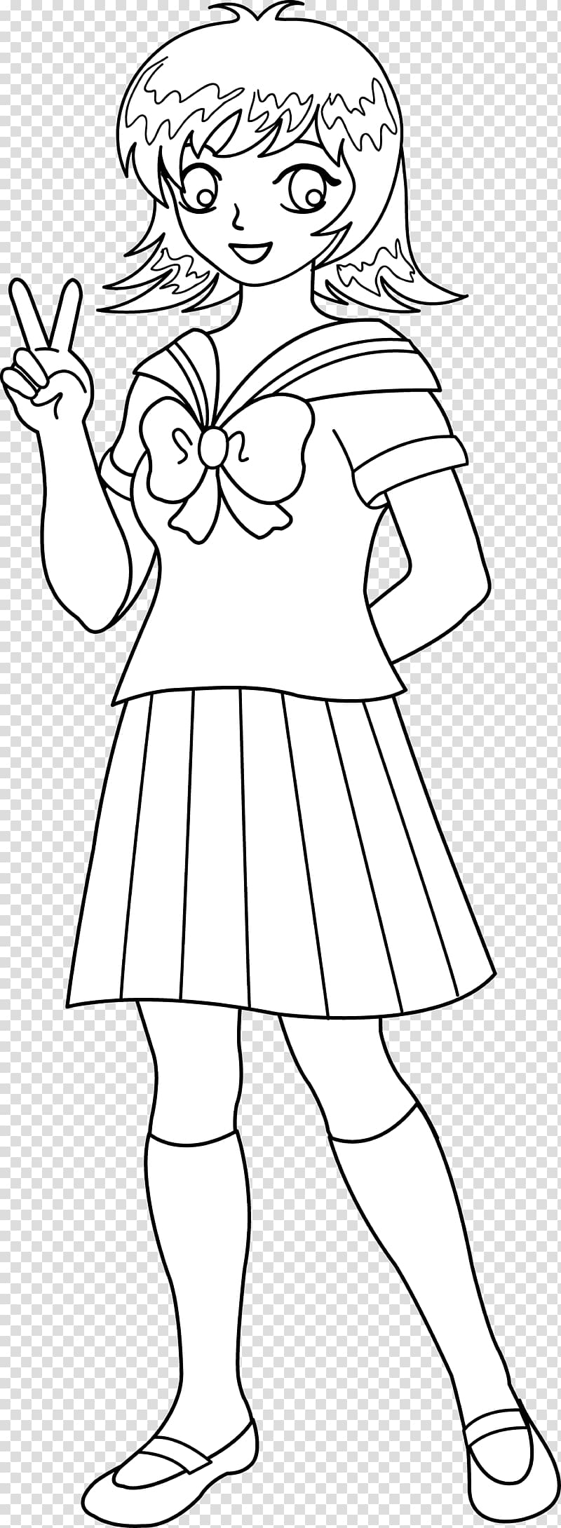 Girl School uniform Line art , White Anime transparent background PNG clipart