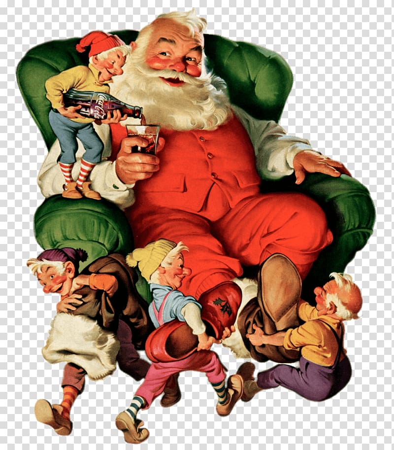 four dwarves serving Santa Claus Coca-Cola advertisement illustration, Coca Cola Vintage Santa Claus transparent background PNG clipart