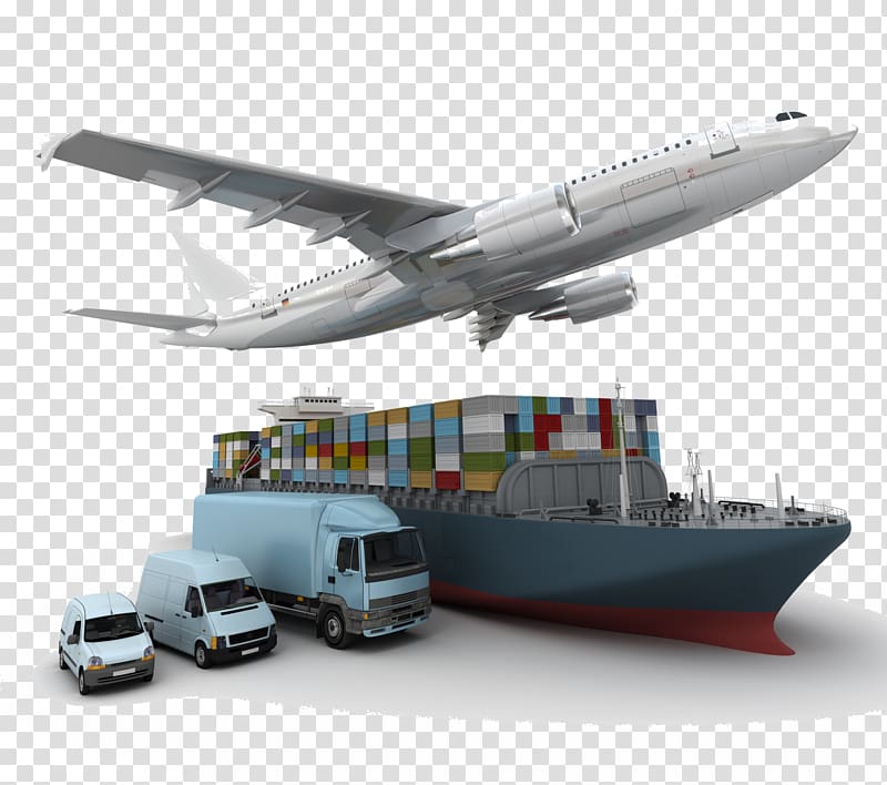 white plane over blue and red cargo ship, blue truck and vans, Multimodal transport Logistics Freight transport Cargo, logistic transparent background PNG clipart