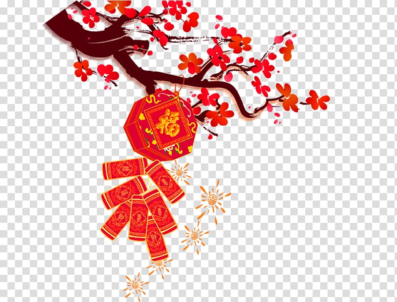 Firecracker Chinese New Year Plum blossom Tangyuan, Red plum blossom firecrackers decorative patterns transparent background PNG clipart