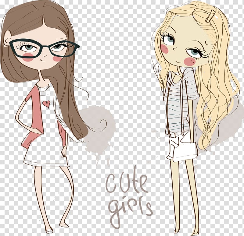 two girls animated illustration, grapher Illustration, Fashion Cartoon Girl transparent background PNG clipart