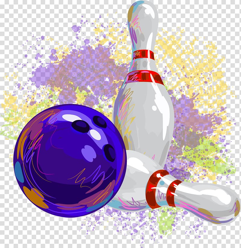 purple bowling ball with two white-and-red bowling pins art, Ten-pin bowling Bowling pin Bowling ball, Decorative bowling transparent background PNG clipart