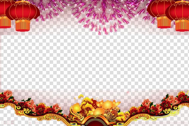 red and brown floral digital frame, Chinese New Year Fireworks Ornament, Chinese New Year Ornament transparent background PNG clipart