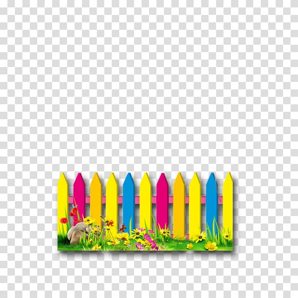 multicolored wooden fence and flowers art, Picket fence Flower garden , Color cartoon fence transparent background PNG clipart