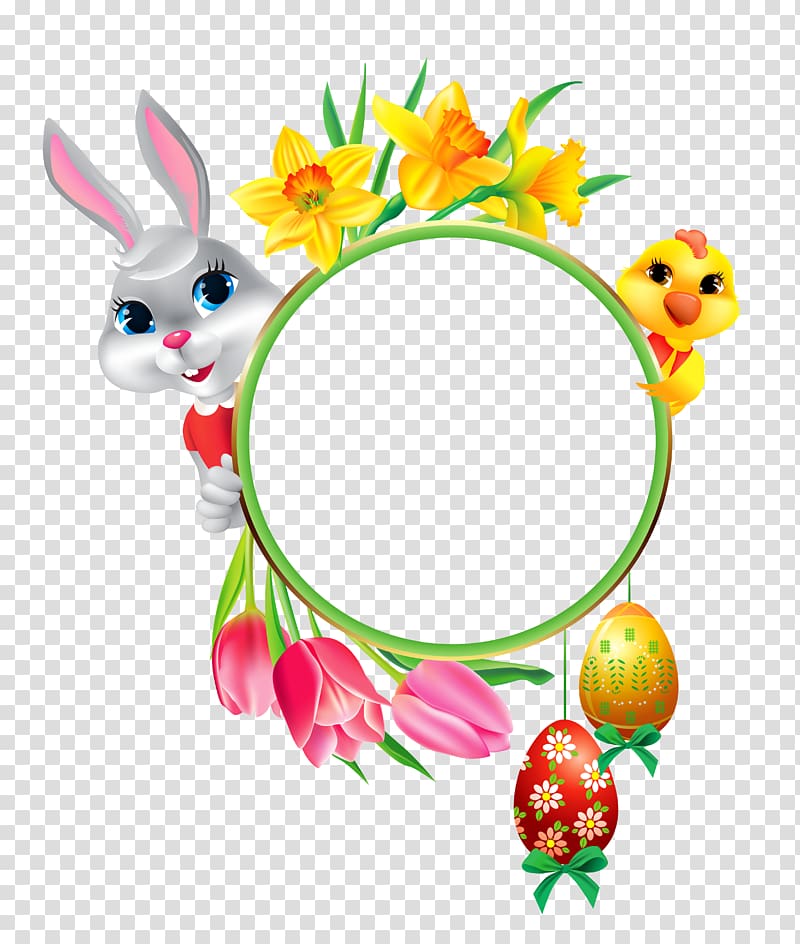 Easter Bunny Easter egg , Easter Bunny and Chicken with Round Frame , gray bunny and yellow chick filter frame transparent background PNG clipart