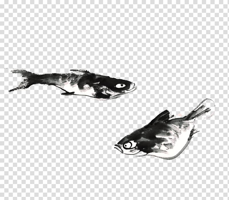 Ink wash painting Fish Black and white, Ink fish transparent background PNG clipart