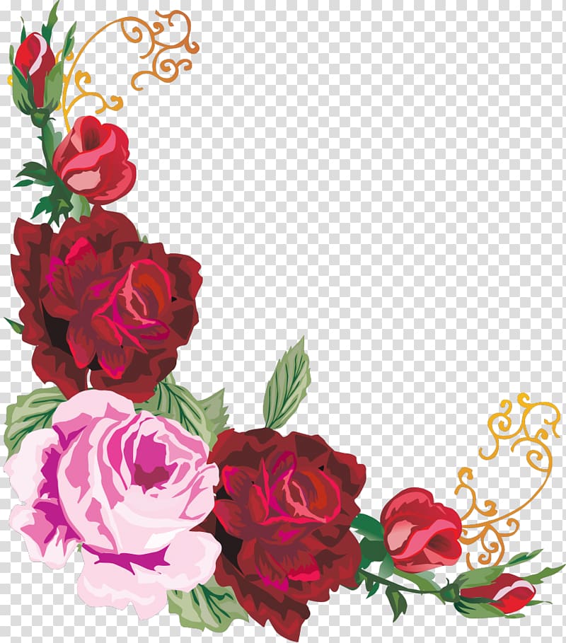 red and pink flowers in green vines border illustration, Floral design Flower , flower border transparent background PNG clipart
