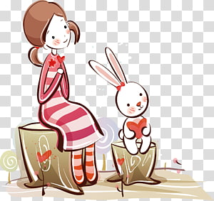 Valentines Day Qixi Festival Significant other Illustration, Little girl and little rabbit transparent background PNG clipart thumbnail