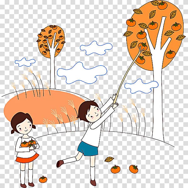 Cartoon , A child picking persimmons transparent background PNG clipart