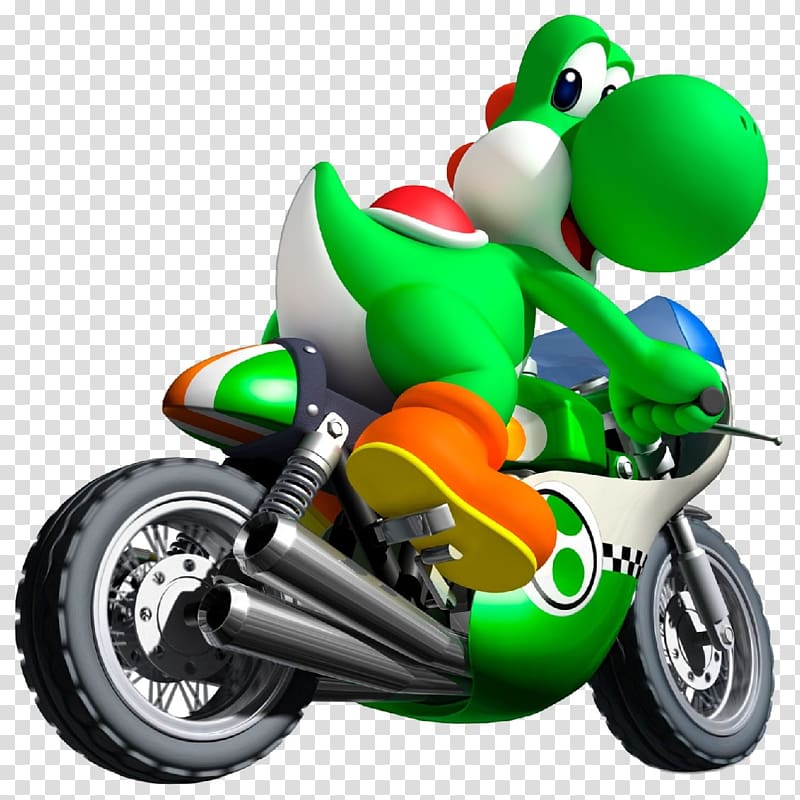 green dinosaur riding motorcycle , Mario Kart Wii Super Mario Kart Super Mario Bros. Mario Kart 8 Mario Kart 64, Mario Kart transparent background PNG clipart