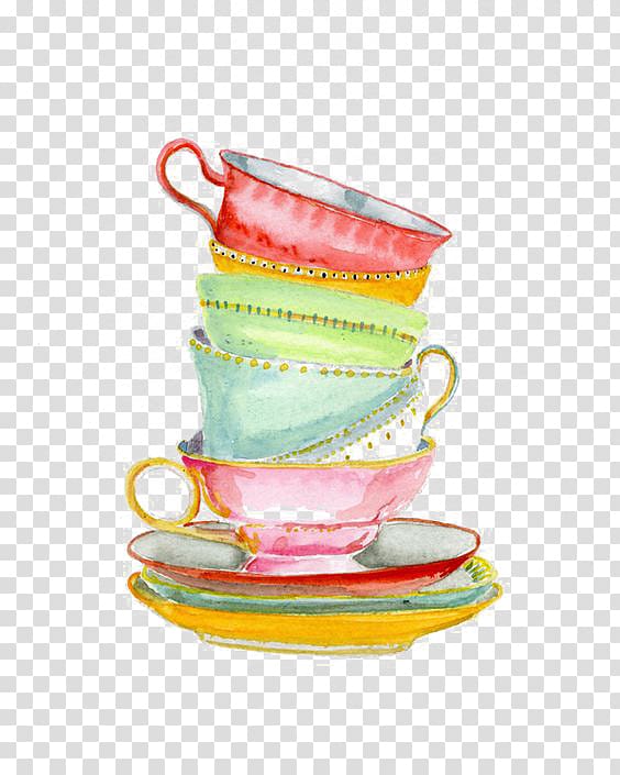 stack of cups painting, Teacup Coffee Watercolor painting, cup transparent background PNG clipart