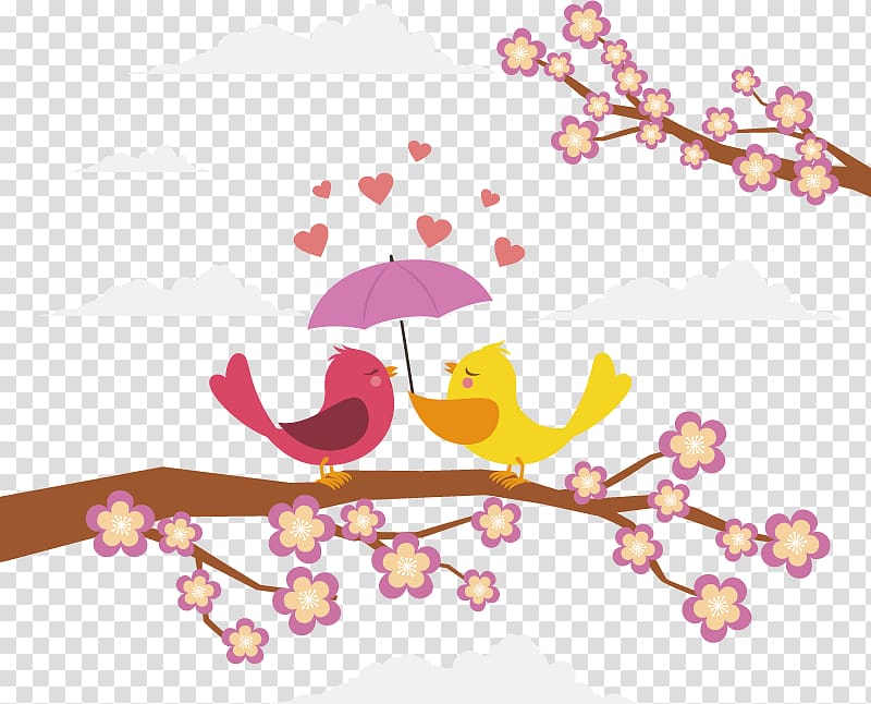 two birds holding umbrella on twig illustration, Lovebird Euclidean , Love Birds transparent background PNG clipart