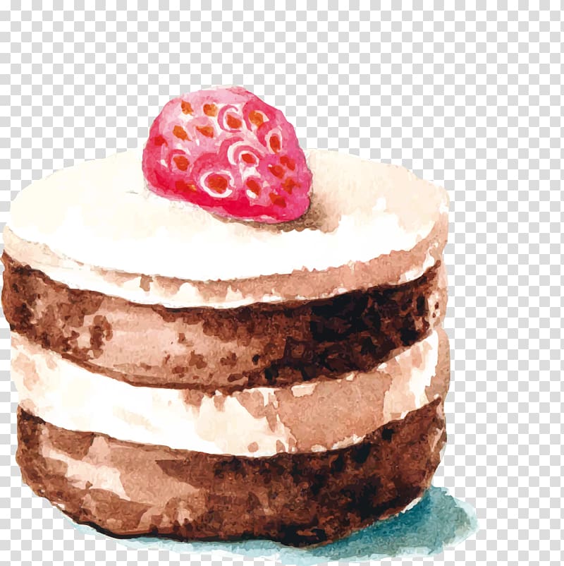 Chocolate cake Strawberry cream cake Watercolor painting Drawing, Hand-painted chocolate strawberry cake transparent background PNG clipart